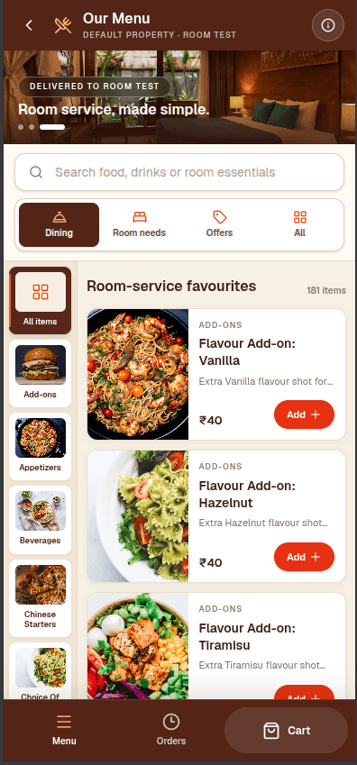 Mobile room service menu for hotel guests